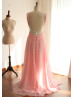 Sexy Open Back Pink Ruching Chiffon Long Prom Dress